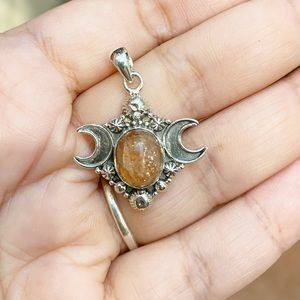 Gorgeous Triple Moon Goddess Sunstone Pendant set in 925 Sterling Silver